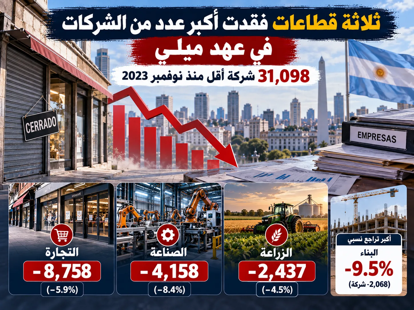 تراجع مستمر في عدد الشركات الموظِّفة بالأرجنتين منذ بدء حكم ميلي