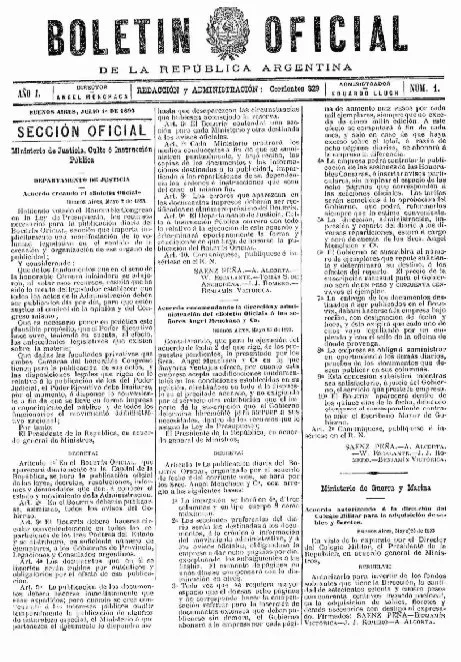 الصفحة الأولى من العدد الأوّل للجريدة الرسميّة عام 1893؛ فيها تُنشر مراسيم العطل حتّى اليوم