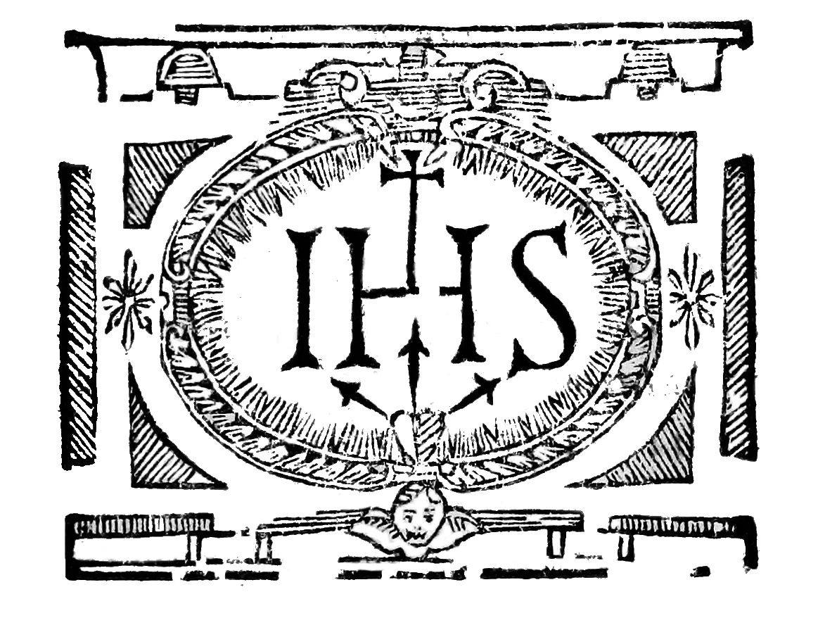 شعار «IHS» المسيحي من صفحة في كتاب «العقيدة المسيحية والتعليم الديني بلغة الألينتياك» الصادر عام 1607 بلغة الألينتياك.
