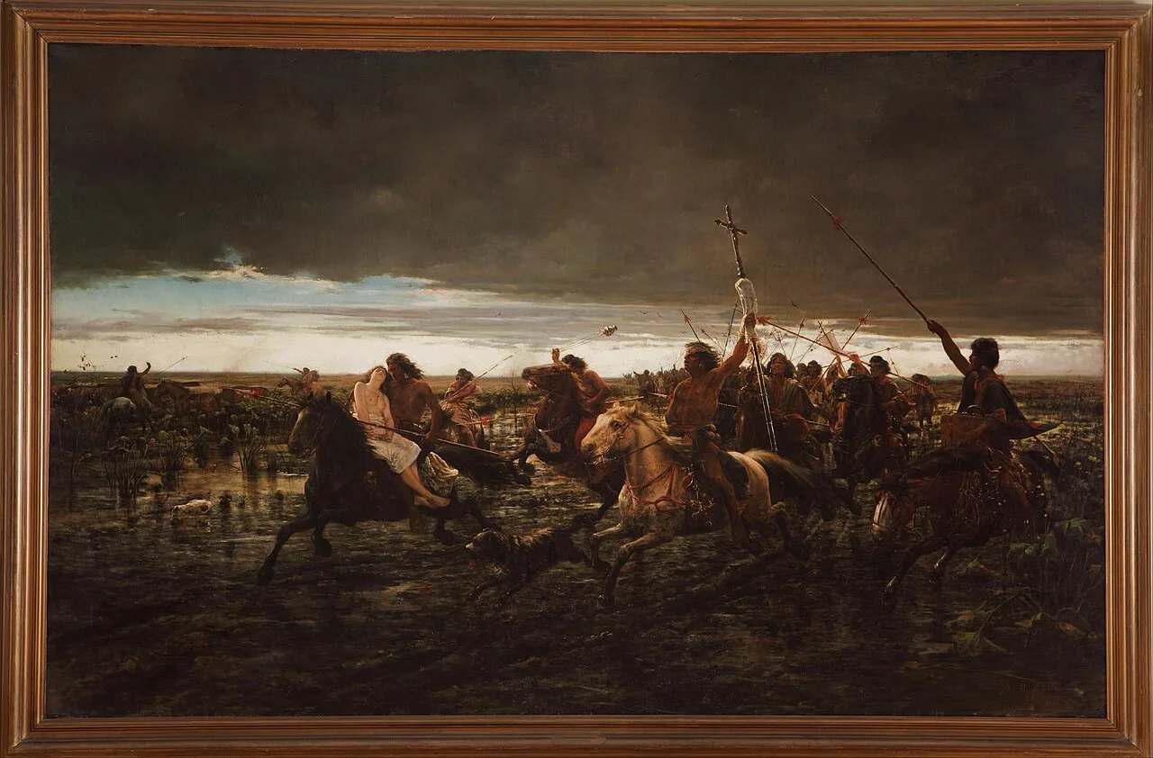 لوحة «عودة المالون» للرسّام أنخيل ديلا فايي، عام 1892، وتصوّر فرساناً من السكان الأصليين عائدين من غارة على السهول.
