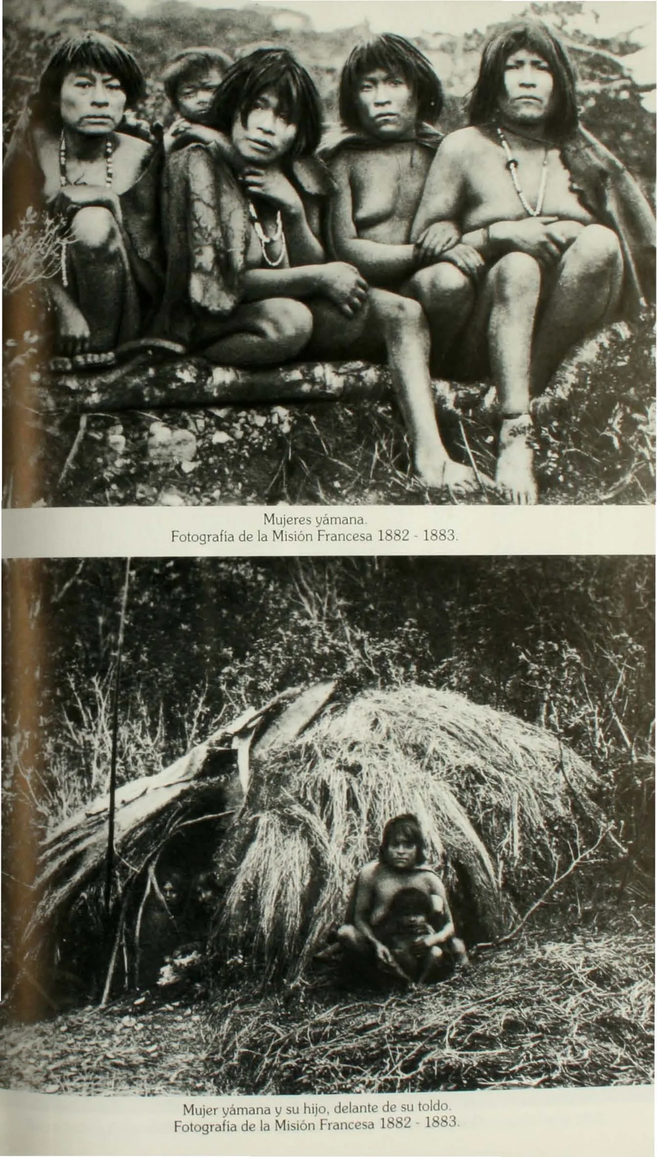 صفحة من كتاب تضمّ صورتين لنساء من الياغان ولكوخ من الأغصان، التقطتهما البعثة الفرنسية إلى أقصى الجنوب بين عامَي 1882 و1883.