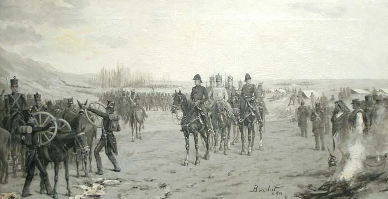 جيش الأنديز يغادر معسكر البلوميريو، رسمٌ أوّلي بالزيت للرسّام خوسيه بوشيه (1901)