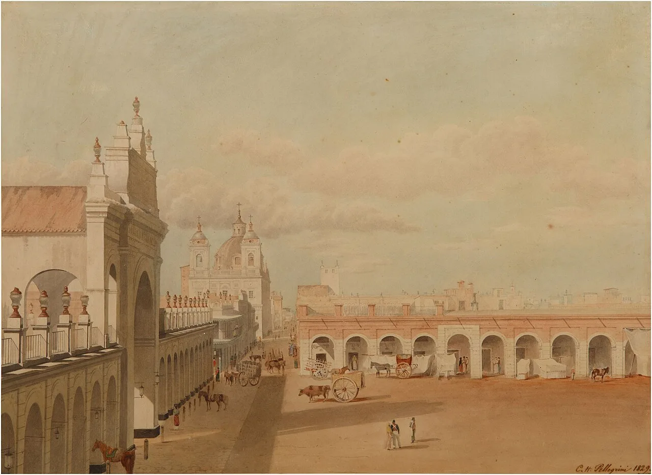 الساحة الكبرى في بوينس آيرس كما رسمها شارل هنري بيليغريني عام 1829، وكانت تُسمّى يومها «ساحة النصر»