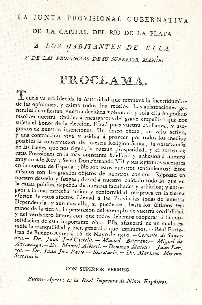 بيان المجلس الحاكم المؤقّت إلى سكّان ريو دي لا بلاتا بعد أحداث مايو 1810