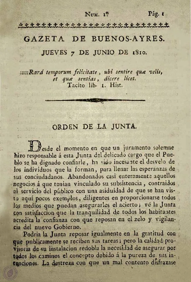 الصفحة الأولى من العدد الأول لصحيفة «غاثيتا دي بوينس آيرس»، 7 يونيو 1810