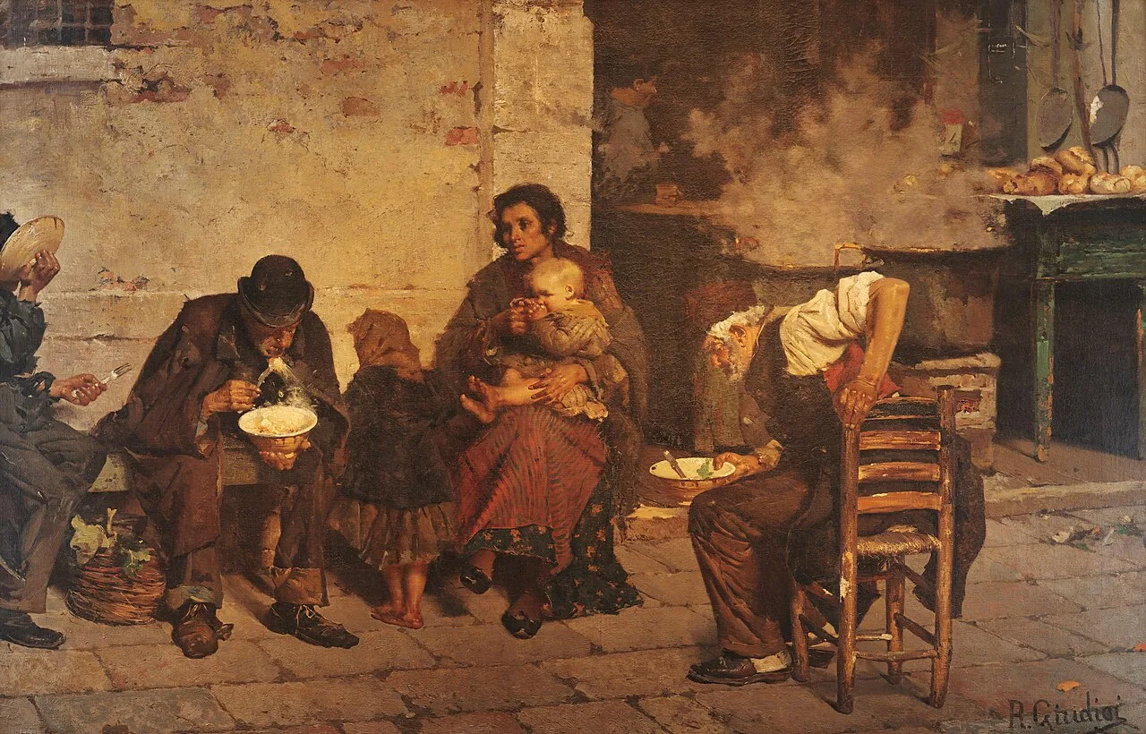 لوحة «حساء الفقراء» لرينالدو جوديتشي (1884)، تصوّر أسرة فقيرة تتناول الحساء في أحد أزقة البندقية