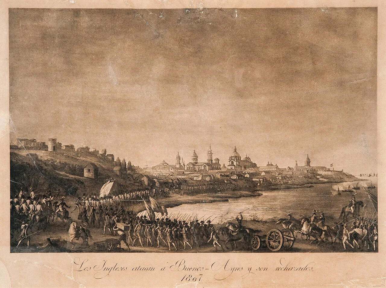 مطبوعة «الإنجليز يهاجمون بوينس آيرس فيُصدّون» (1807)، تصوّر تقدّم القوات البريطانية نحو المدينة