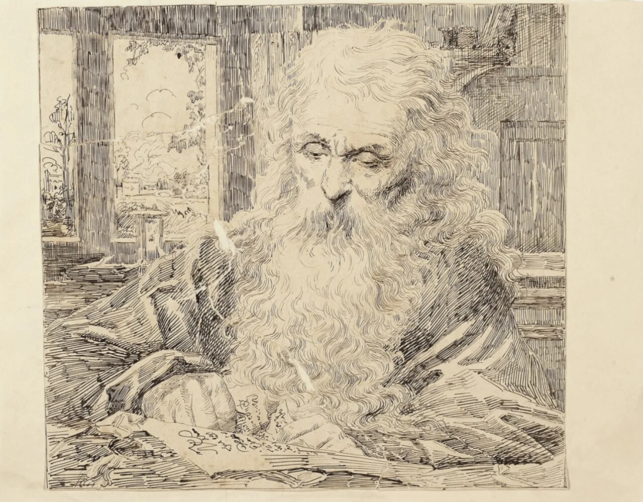 رسم محفور بعنوان «الزمن» للفنان البلجيكي إدمون فان هوفه يصوّر شيخاً طويل اللحية، 1897، من مجموعة متحف كاستانيينو.