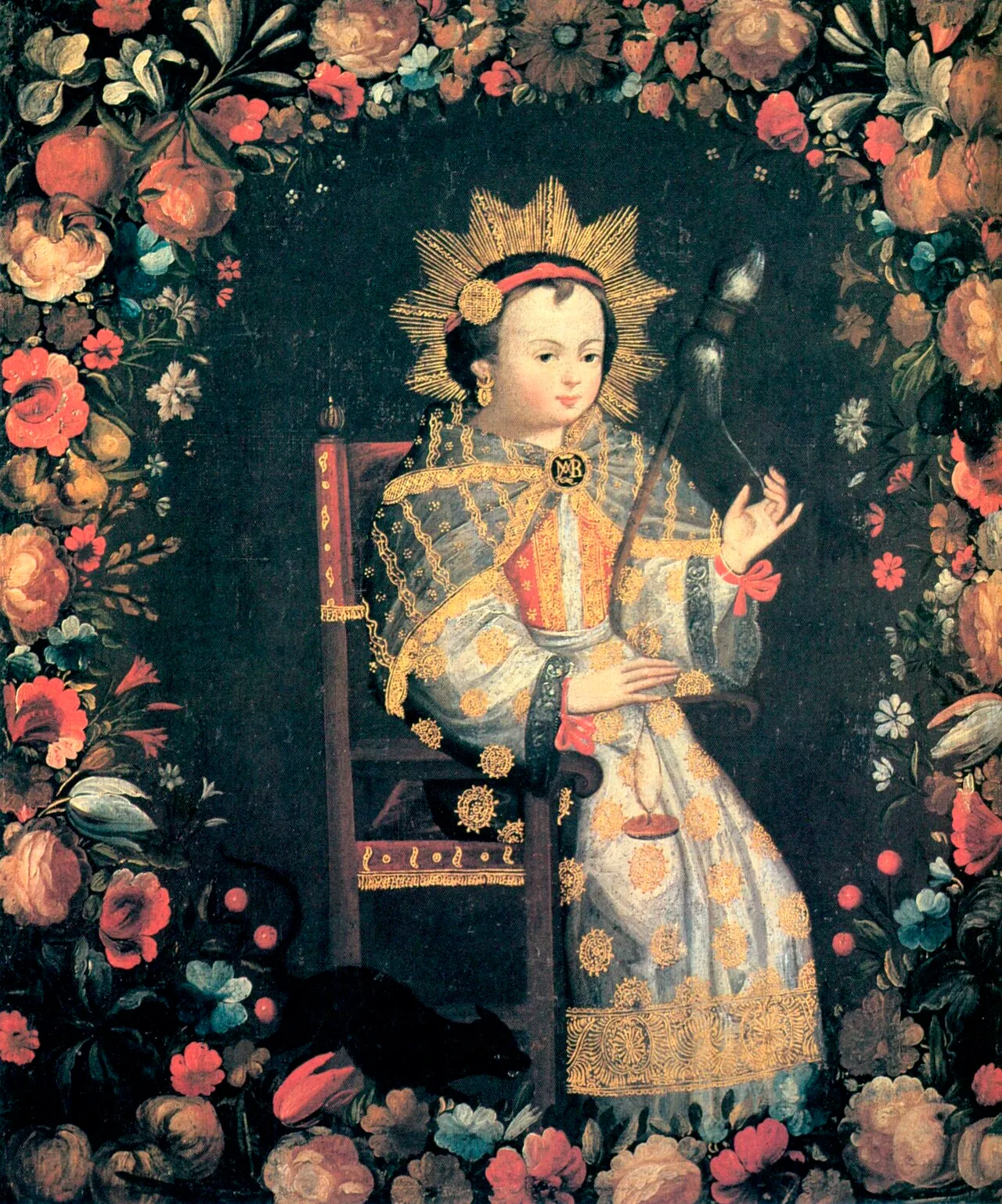 لوحة «العذراء مريم طفلةً تغزل» (1699) للرسام ملتشور بيريس دي أولغين من البيرو العليا، من مجموعة المتحف