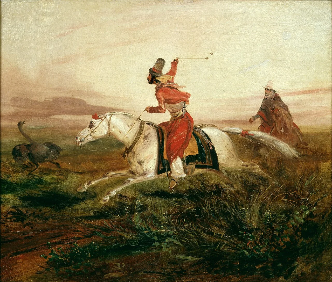 لوحة «صيد النعام بالبوليادورا» ليوهان موريتس روغنداس (1845)، فارس بثياب حمراء يطارد النعام على حصان أبيض