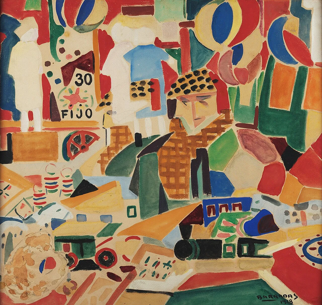 لوحة «أجمل سيرك في العالم» لرافائيل باراداس (1918)، بألوان زاهية وأشكال هندسية متداخلة
