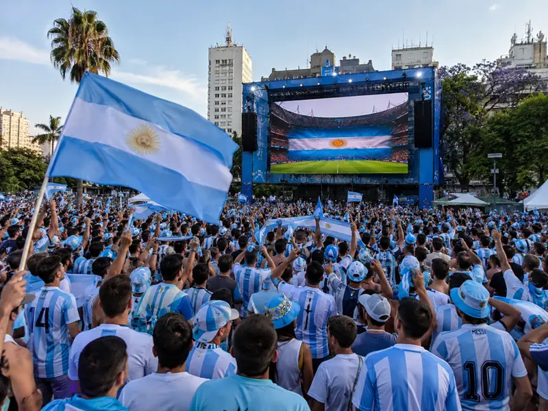 جماهير أرجنتينية تتجمع في إحدى الساحات العامة لمتابعة مباراة الأرجنتين وإنجلترا في كأس العالم 2026.