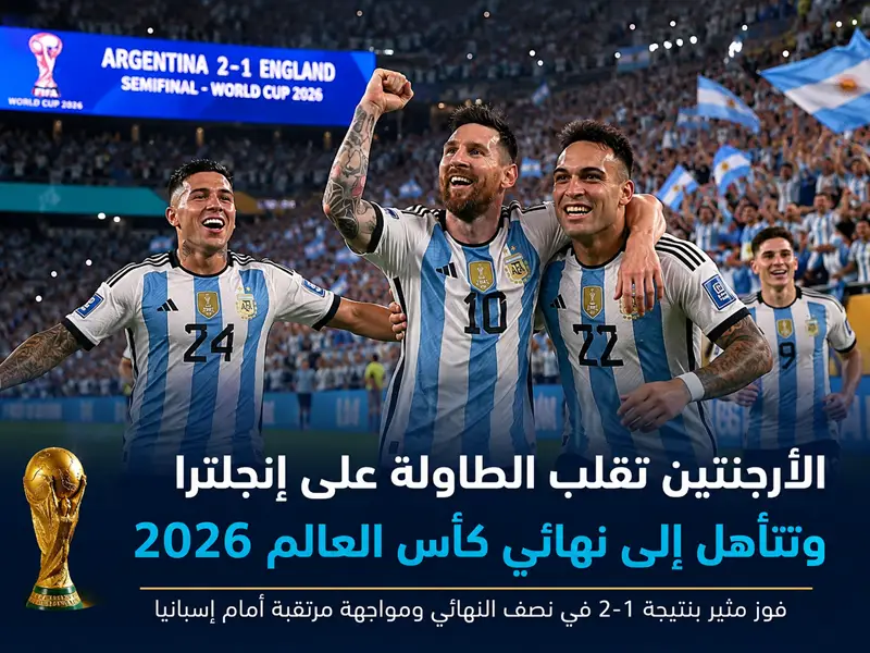 احتفال لاعبي المنتخب الأرجنتيني بعد الفوز على إنجلترا والتأهل إلى نهائي كأس العالم 2026.